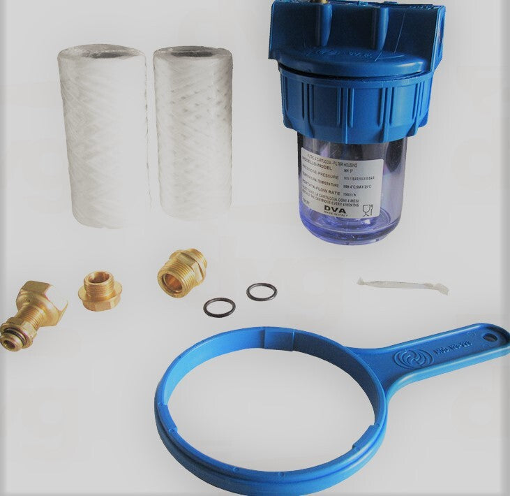 KIT FILTRO 5'' ATT. 1/2'' CARTUCCIA FILO RIAVVOLTO 50 MICRON + RACCORDI