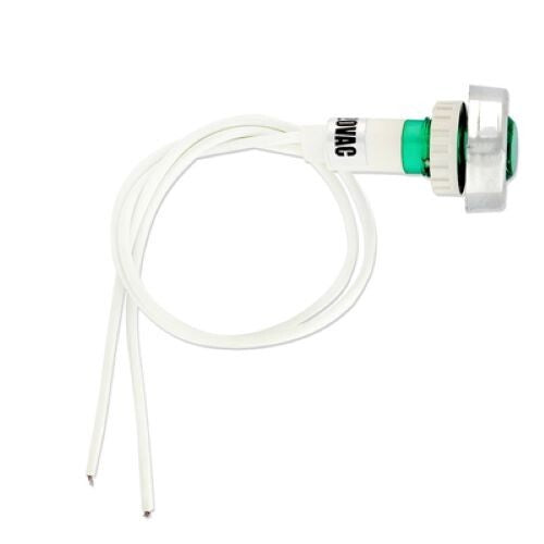 Spia luminosa di colore verde tonda ø 10mm con fili ghiera cromata