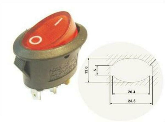 Interruttore ovale 0-1 luminoso rosso 20,4X13,6mm 6A 250V 3 faston 4,8