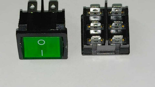 Interruttore bipolare luminoso verde 10A 19 x 23 mm 6 faston 4,8 mm