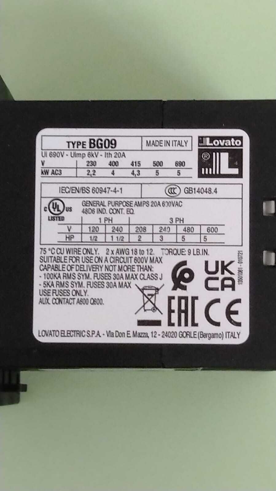 CONTATTORE LOVATO BG0910A 3446556 CONTATTORE TRIFASE AC3 9A 4KW (400V)