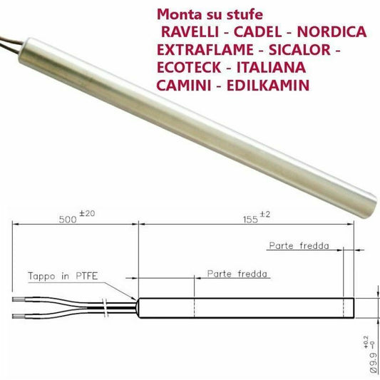 RESISTENZA CANDELETTA ACCENSIONE STUFA A PELLET Diam.9,9mm 300 W 155mm NORDICA