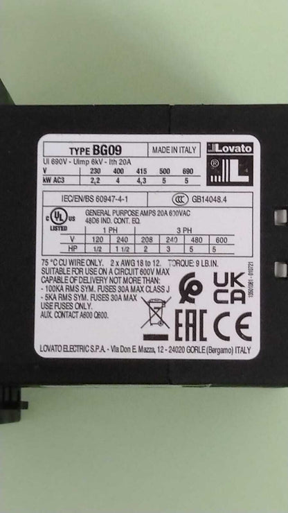CONTATTORE LOVATO 11BG0910A230 3446556 CONTATTORE TRIFASE AC3 9A 4KW (400V)