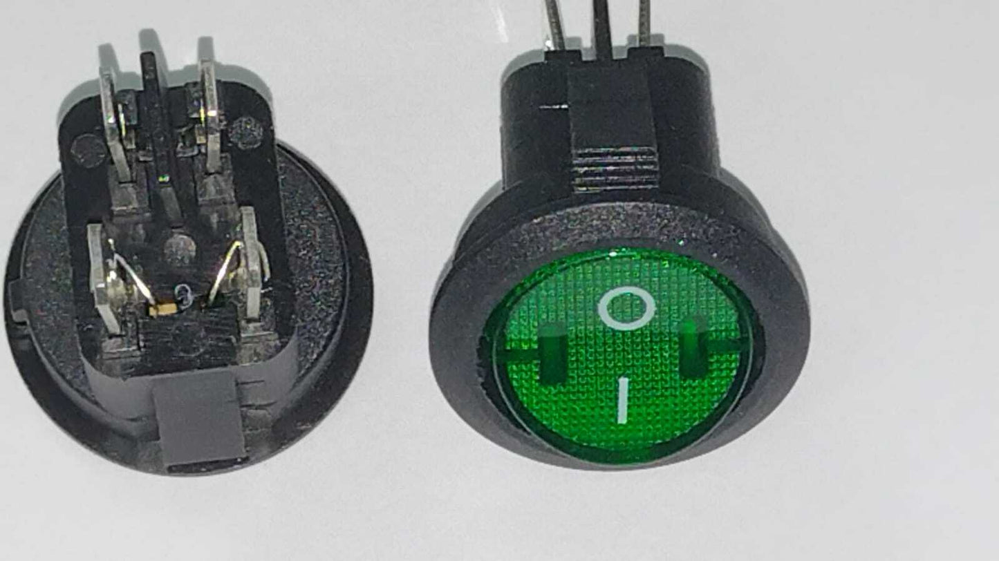 INTERRUTTORE BIPOLARE LUMINOSO VERDE 4 CONTATTI  Ø 20mm 6A 250V  faston 4,8mm